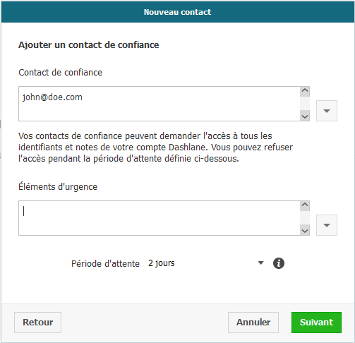 Ajout d'un contact de confiance en cas d'urgence