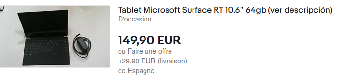 Screen capture of an ebay listing of a SurfaceRT priced at 150€