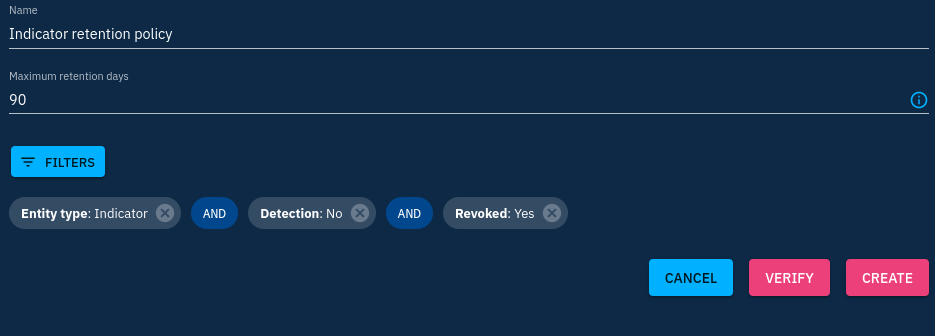 Answer to the mini-exercise showing the filter ENtity Type: Indicator And Detection: No And Revoked Yes. The retention period is 90 days